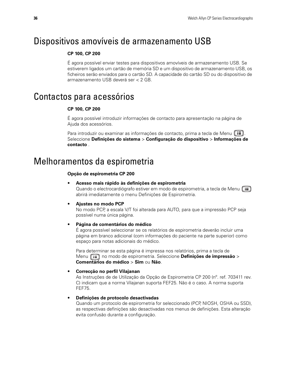 Dispositivos amovíveis de armazenamento usb, Contactos para acessórios, Melhoramentos da espirometria | Welch Allyn CP100 CP200 Software Update 2.1 - Installation Guide User Manual | Page 38 / 44