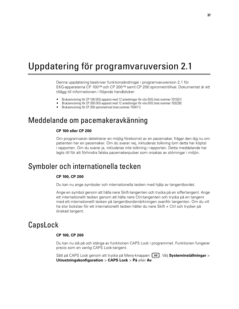Uppdatering för programvaruversion 2.1, Meddelande om pacemakeravkänning, Symboler och internationella tecken | Capslock | Welch Allyn CP100 CP200 Software Update 2.1 - Installation Guide User Manual | Page 39 / 44
