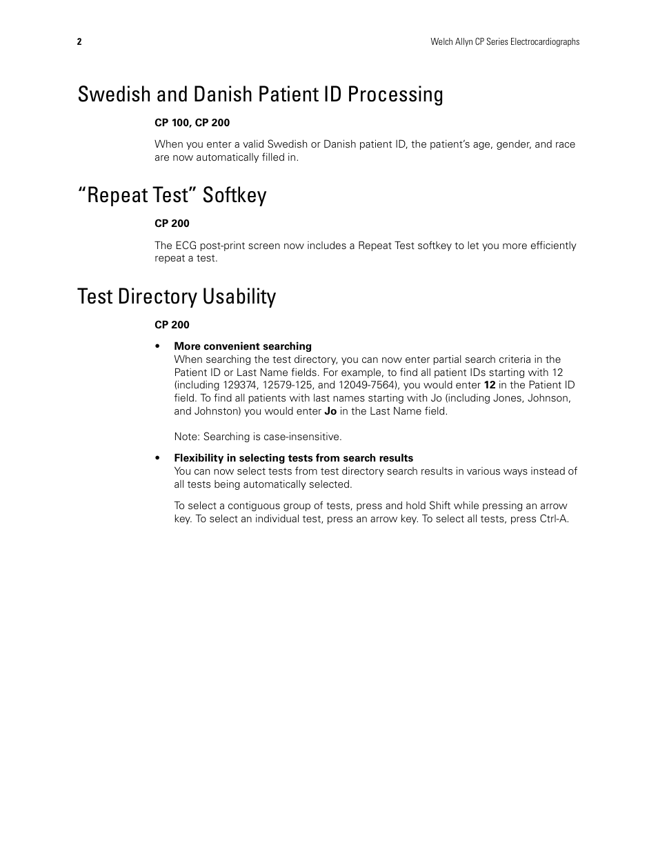 Swedish and danish patient id processing, Repeat test” softkey, Test directory usability | Welch Allyn CP100 CP200 Software Update 2.1 - Installation Guide User Manual | Page 4 / 44