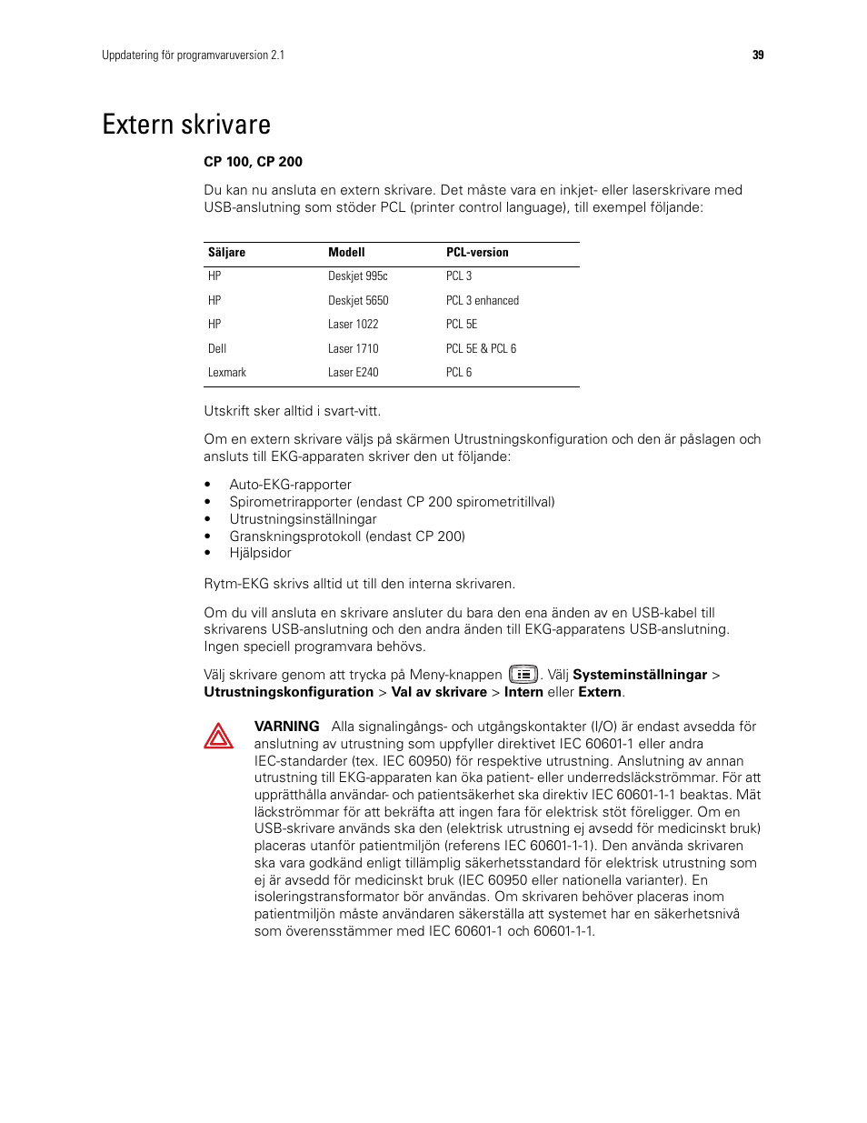 Extern skrivare | Welch Allyn CP100 CP200 Software Update 2.1 - Installation Guide User Manual | Page 41 / 44