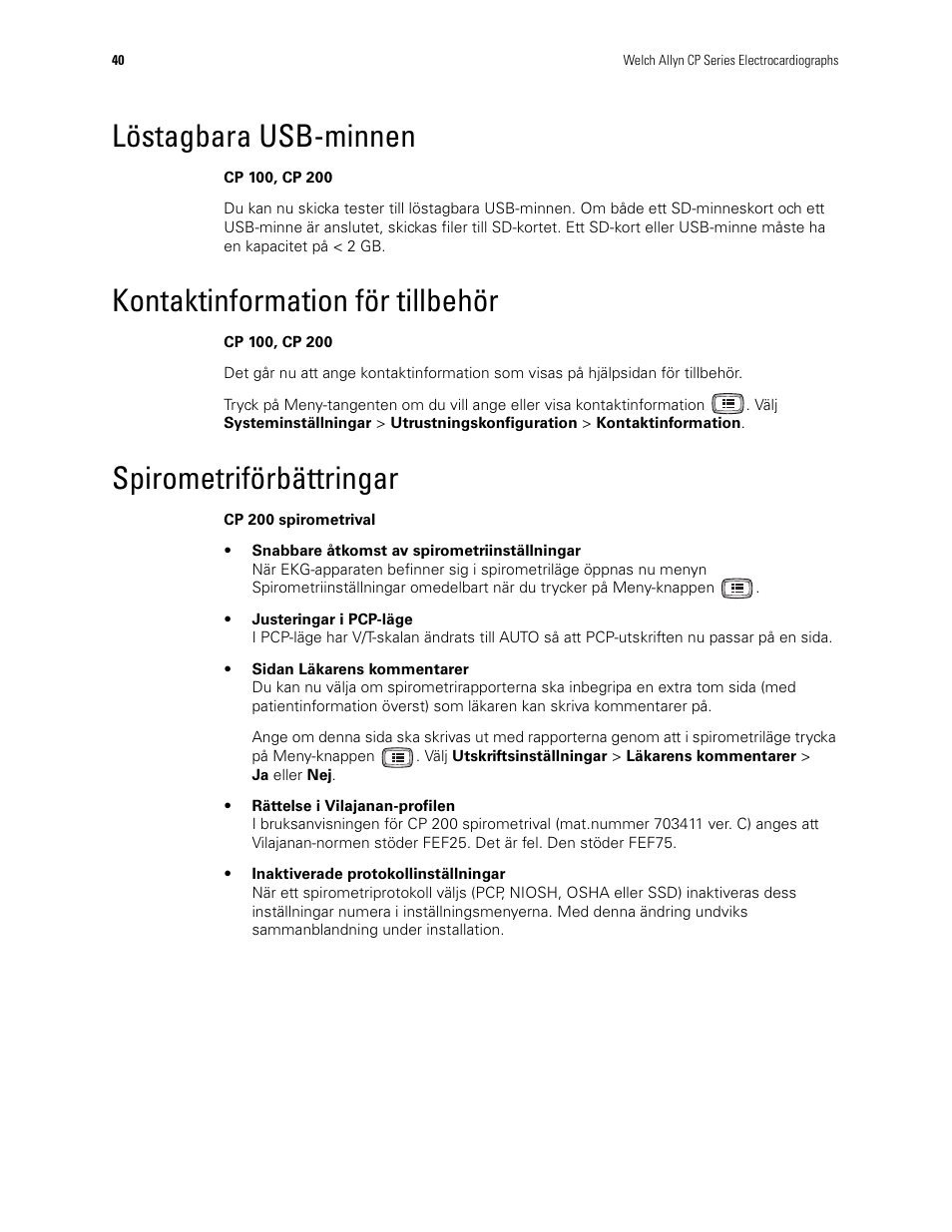 Löstagbara usb-minnen, Kontaktinformation för tillbehör, Spirometriförbättringar | Welch Allyn CP100 CP200 Software Update 2.1 - Installation Guide User Manual | Page 42 / 44