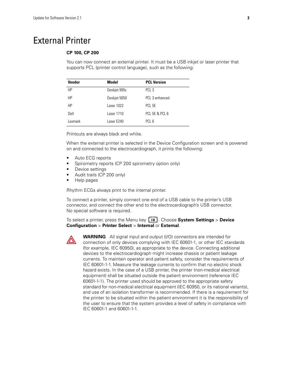 External printer | Welch Allyn CP100 CP200 Software Update 2.1 - Installation Guide User Manual | Page 5 / 44