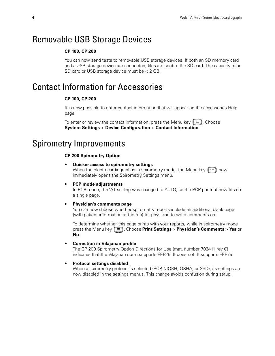 Removable usb storage devices, Contact information for accessories, Spirometry improvements | Welch Allyn CP100 CP200 Software Update 2.1 - Installation Guide User Manual | Page 6 / 44