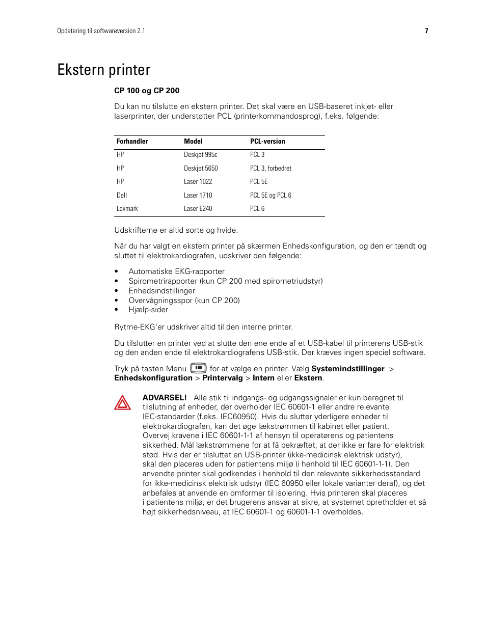 Ekstern printer | Welch Allyn CP100 CP200 Software Update 2.1 - Installation Guide User Manual | Page 9 / 44