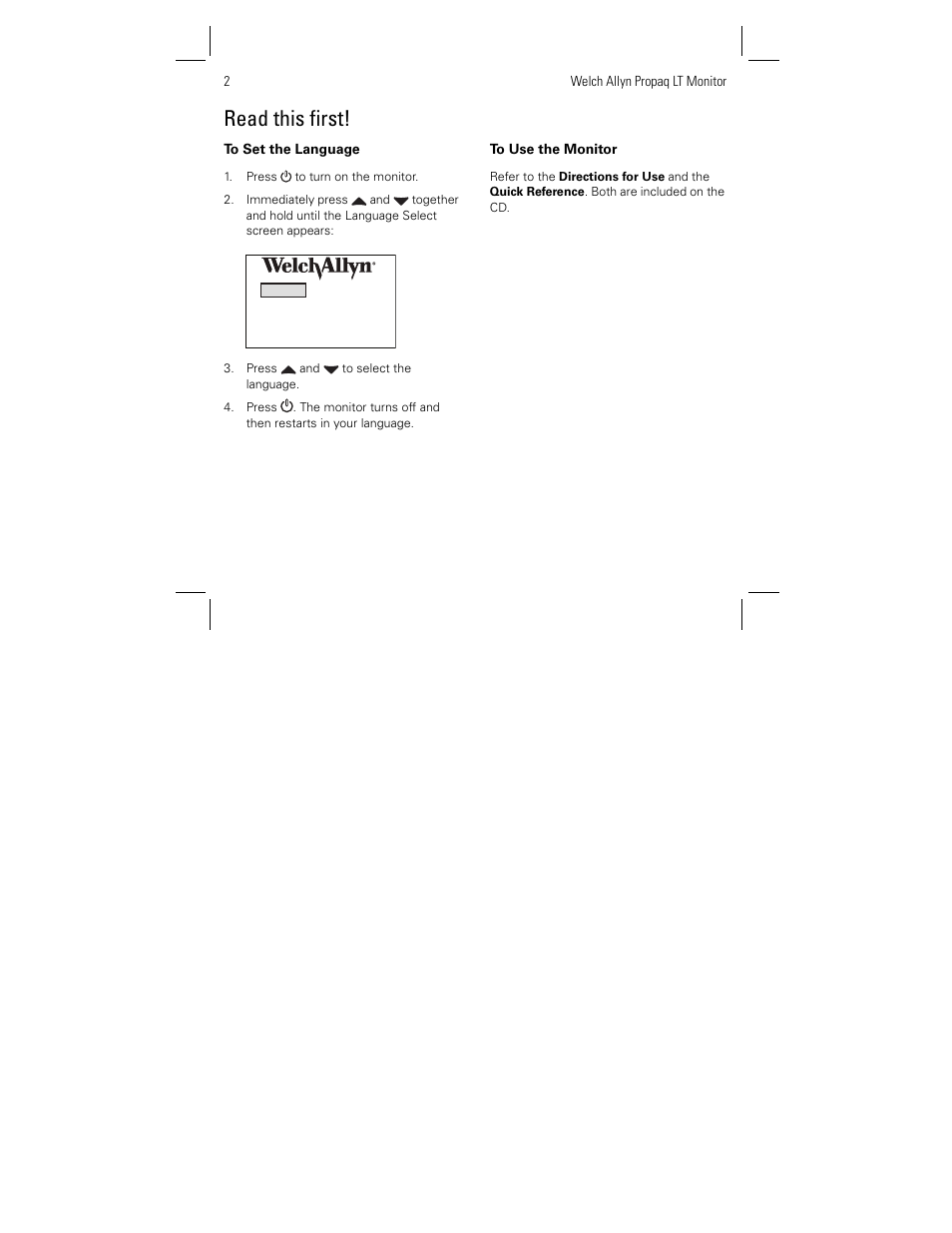 Read this first | Welch Allyn Propaq LT Monitor Language Set - Installation Guide User Manual | Page 2 / 12