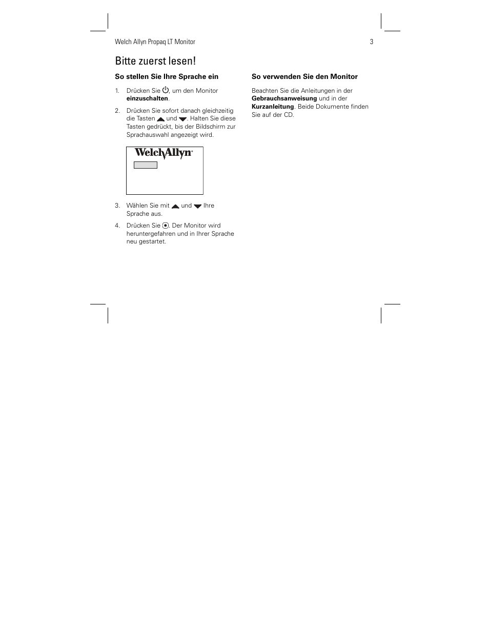 Bitte zuerst lesen | Welch Allyn Propaq LT Monitor Language Set - Installation Guide User Manual | Page 3 / 12