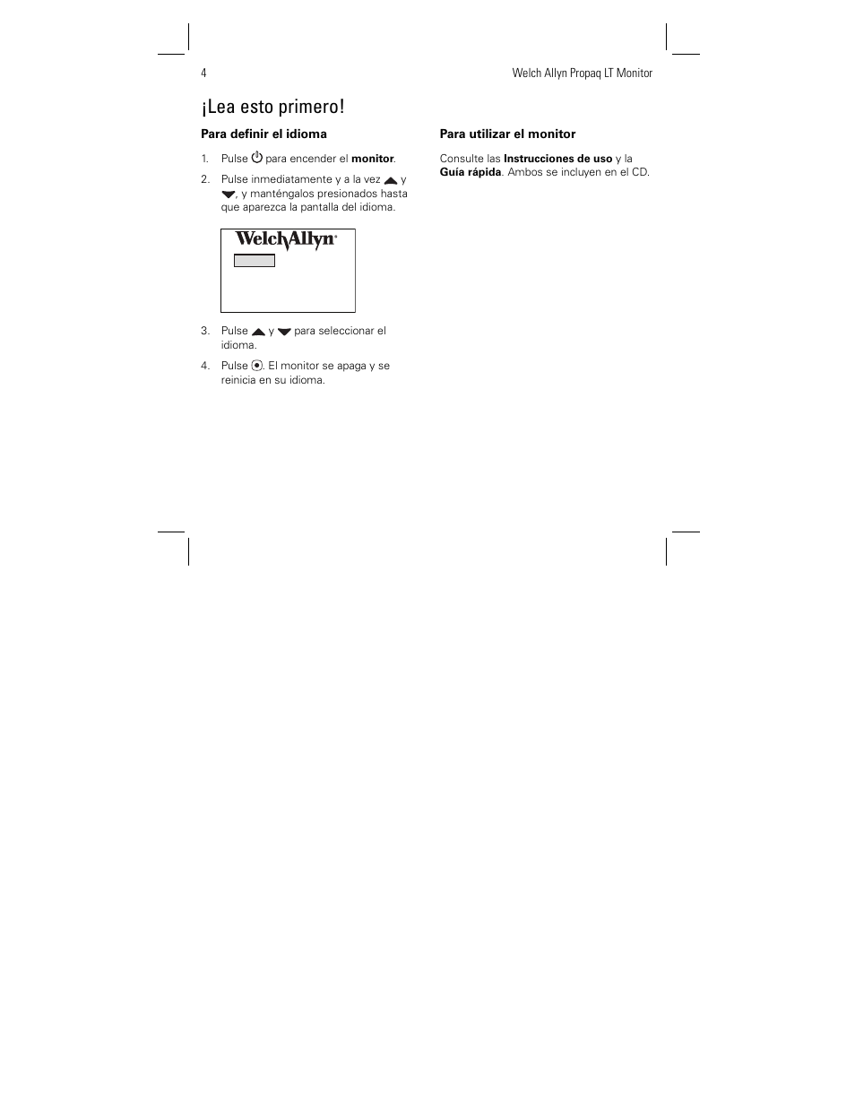 Lea esto primero | Welch Allyn Propaq LT Monitor Language Set - Installation Guide User Manual | Page 4 / 12