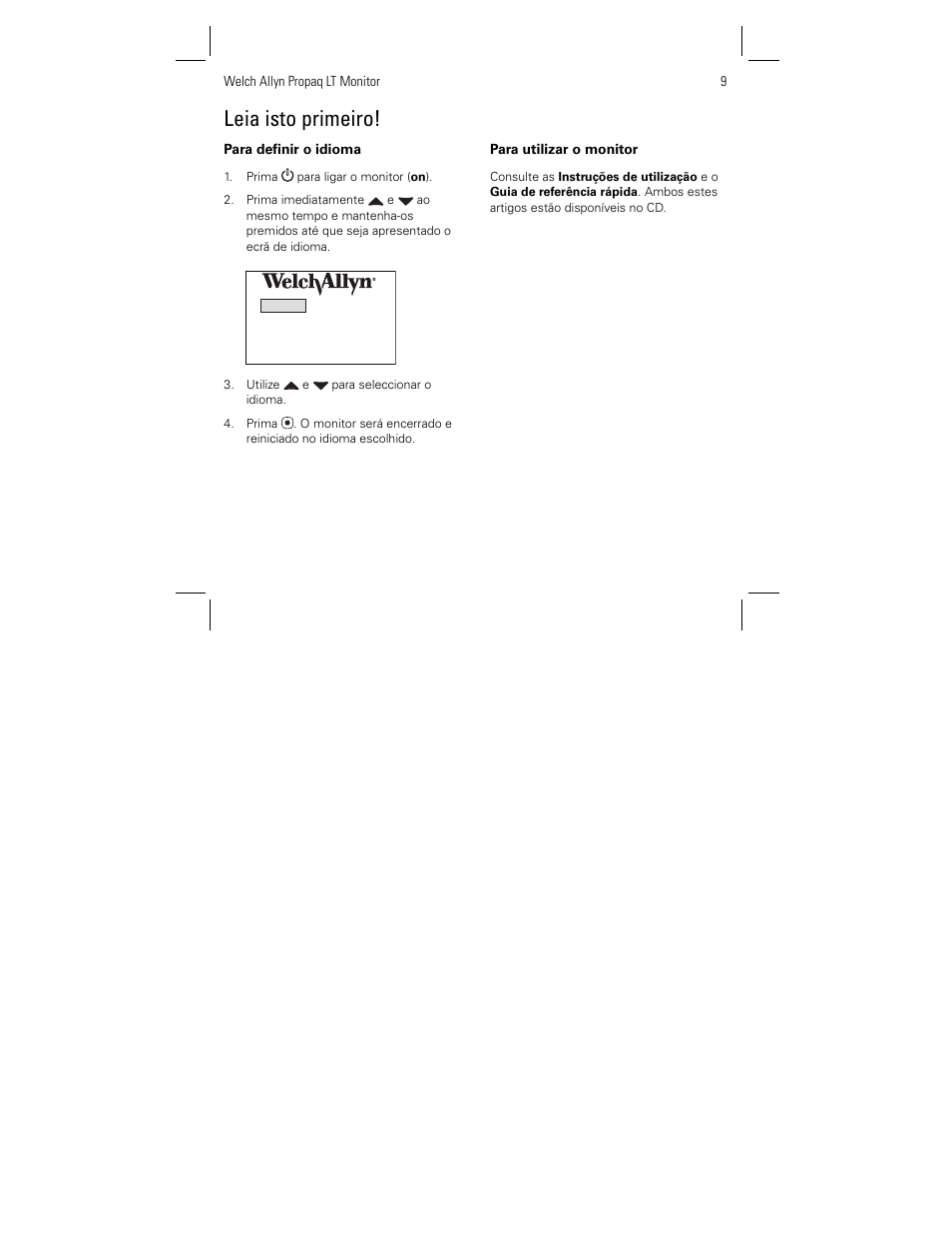 Leia isto primeiro | Welch Allyn Propaq LT Monitor Language Set - Installation Guide User Manual | Page 9 / 12