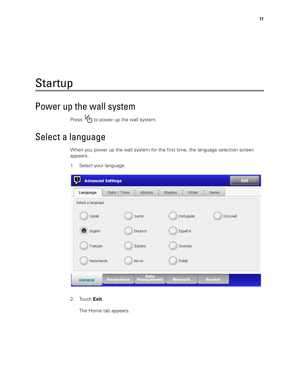 Startup, Power up the wall system, Select a language | Welch Allyn Connex Integrated Wall System Start Up Guide - Installation Guide User Manual | Page 21 / 22