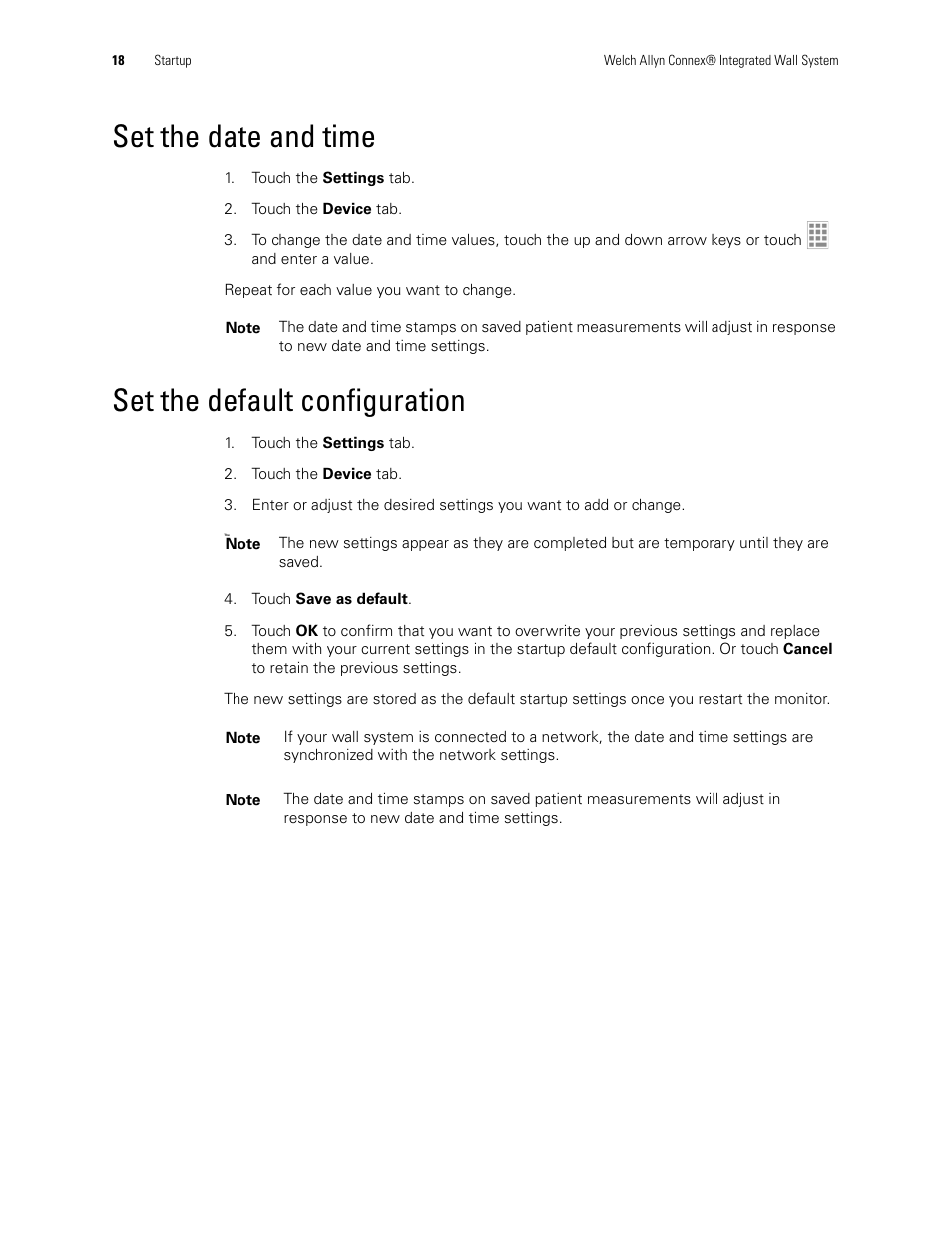 Set the date and time, Set the default configuration | Welch Allyn Connex Integrated Wall System Start Up Guide - Installation Guide User Manual | Page 22 / 22