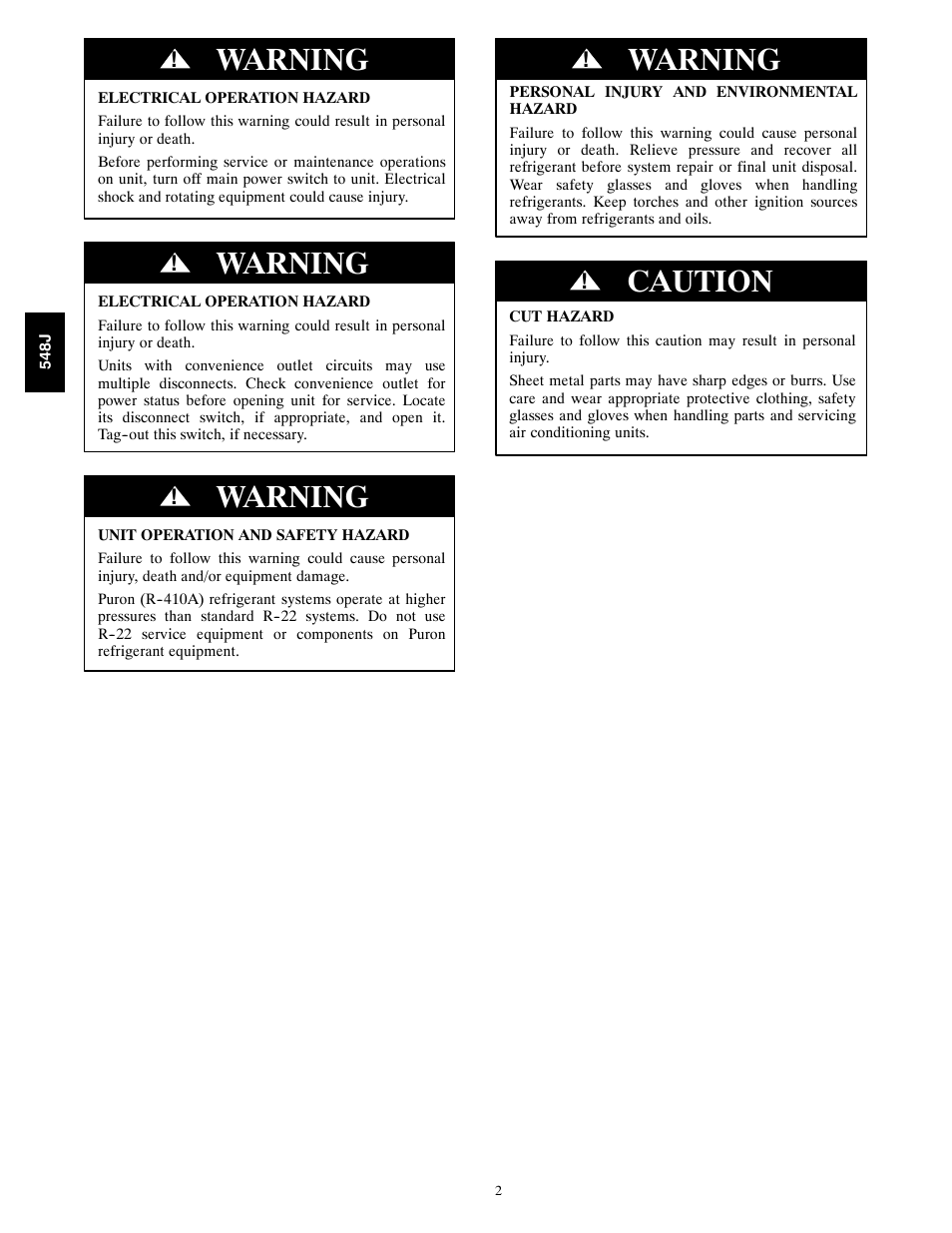 Warning, Caution | Bryant 548J User Manual | Page 2 / 100