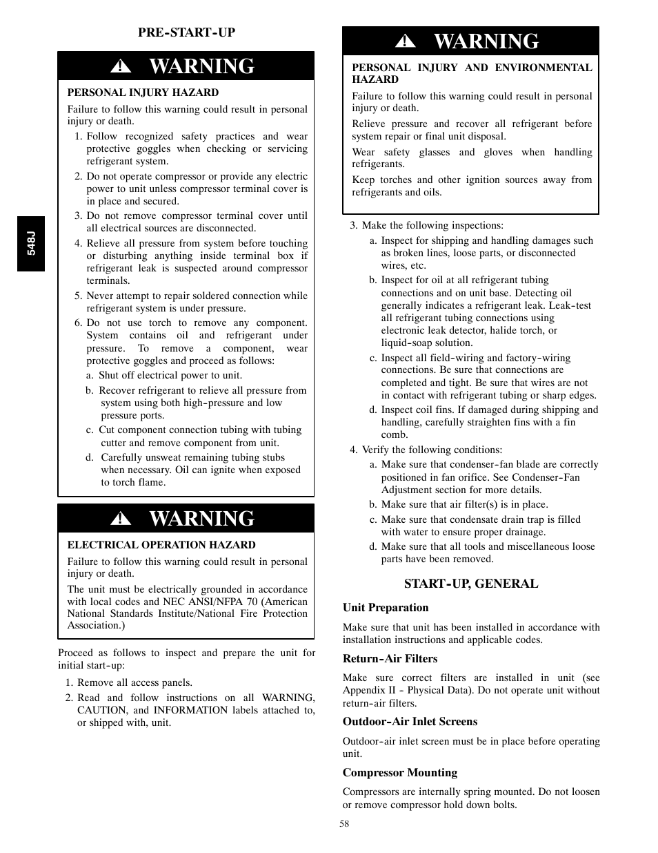 Warning | Bryant 548J User Manual | Page 58 / 100