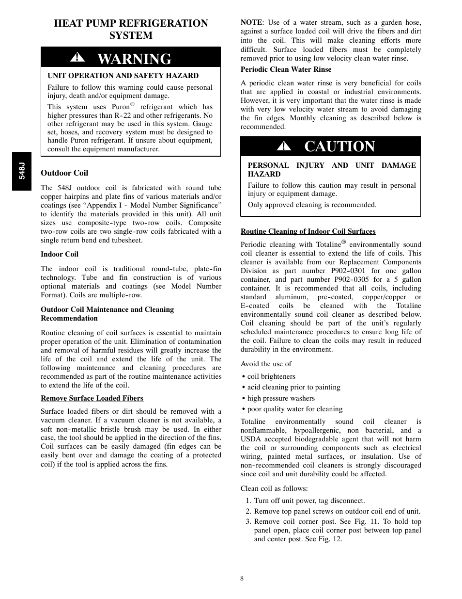 Warning, Caution, Heat pump refrigeration system | Bryant 548J User Manual | Page 8 / 100