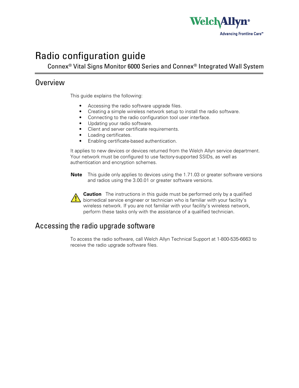 Welch Allyn Connex Vital Signs Monitor, Radio Software Configuration - Installation Guide User Manual | 10 pages