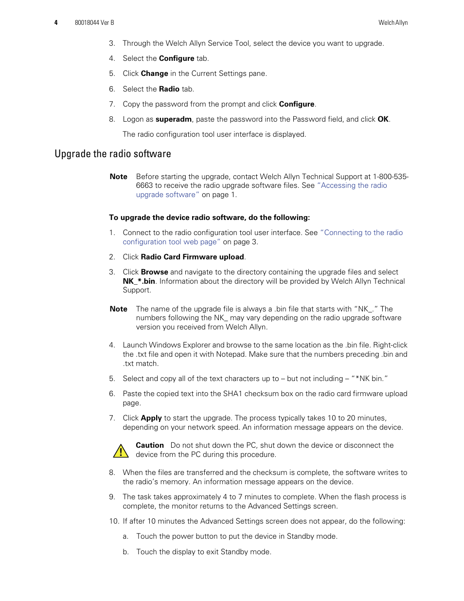 Upgrade the radio software | Welch Allyn Connex Vital Signs Monitor, Radio Software Configuration - Installation Guide User Manual | Page 4 / 10