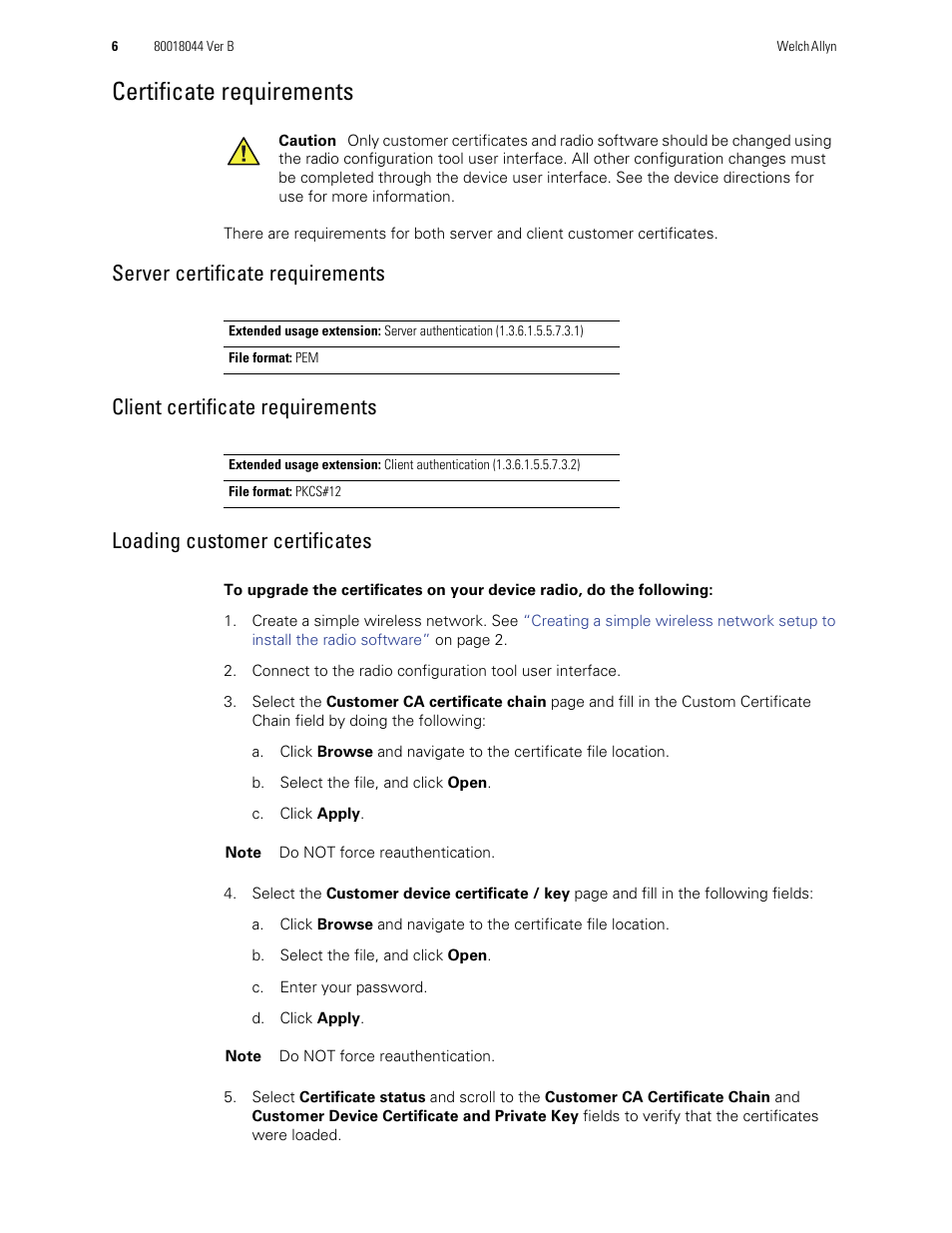 Certificate requirements | Welch Allyn Connex Vital Signs Monitor, Radio Software Configuration - Installation Guide User Manual | Page 6 / 10