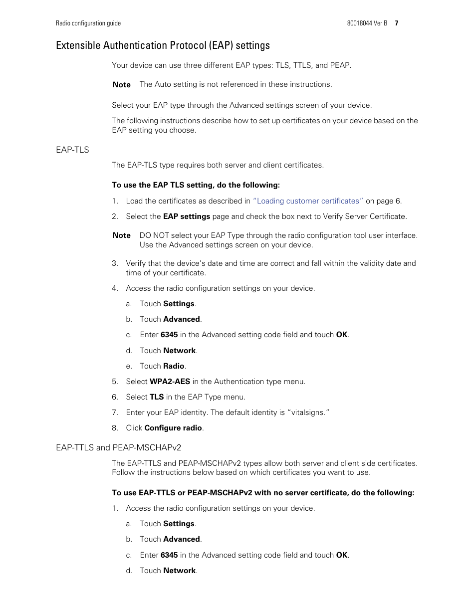 Extensible authentication protocol (eap) settings | Welch Allyn Connex Vital Signs Monitor, Radio Software Configuration - Installation Guide User Manual | Page 7 / 10