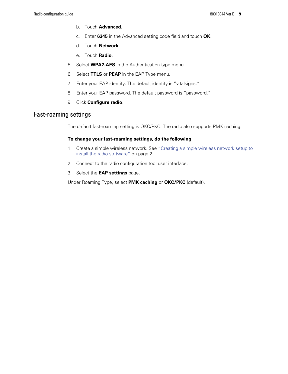 Fast-roaming settings | Welch Allyn Connex Vital Signs Monitor, Radio Software Configuration - Installation Guide User Manual | Page 9 / 10