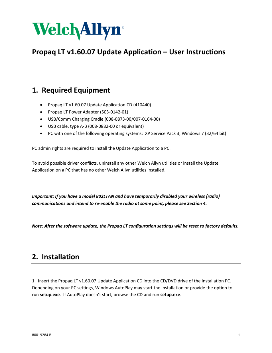 Welch Allyn Propaq LT v1.60.07 Update Application - Installation Guide User Manual | 10 pages