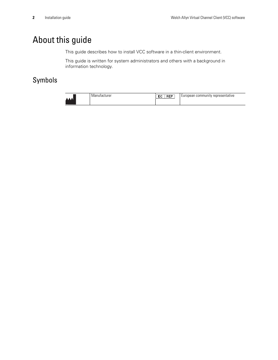 About this guide, Symbols | Welch Allyn Virtual Channel Client Software - Installation Guide User Manual | Page 4 / 8