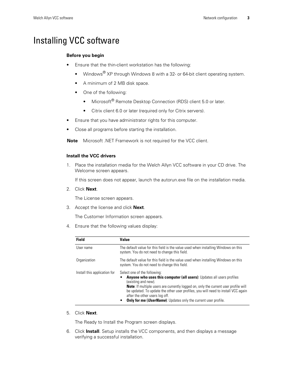 Installing vcc software | Welch Allyn Virtual Channel Client Software - Installation Guide User Manual | Page 5 / 8