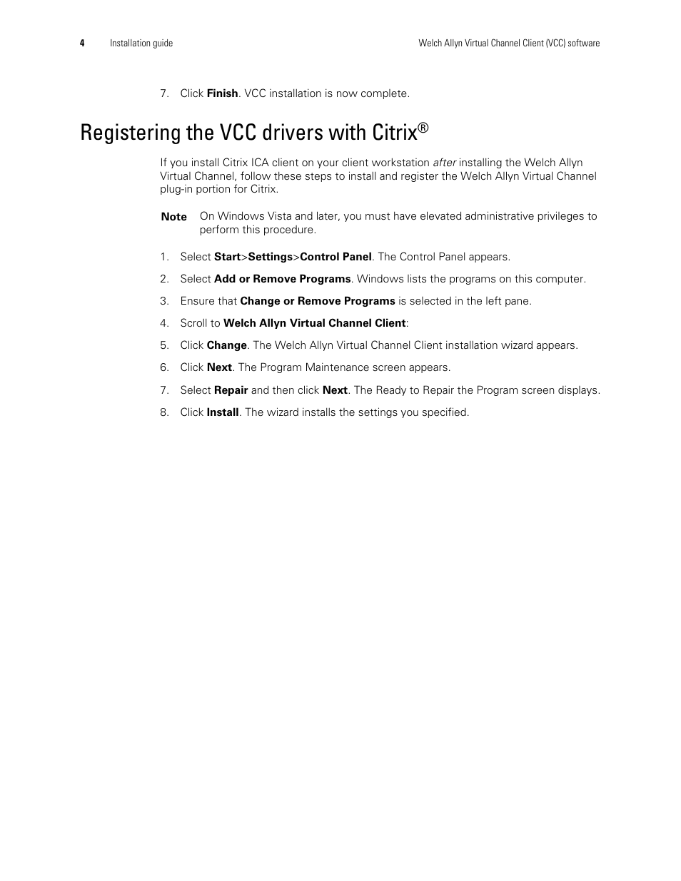 Registering the vcc drivers with citrix | Welch Allyn Virtual Channel Client Software - Installation Guide User Manual | Page 6 / 8