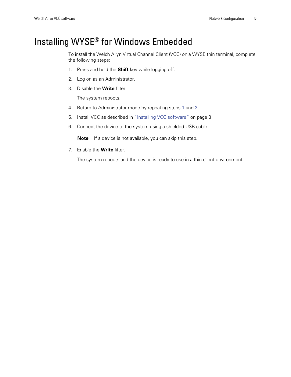 Installing wyse® for windows embedded, Installing wyse, For windows embedded | Welch Allyn Virtual Channel Client Software - Installation Guide User Manual | Page 7 / 8