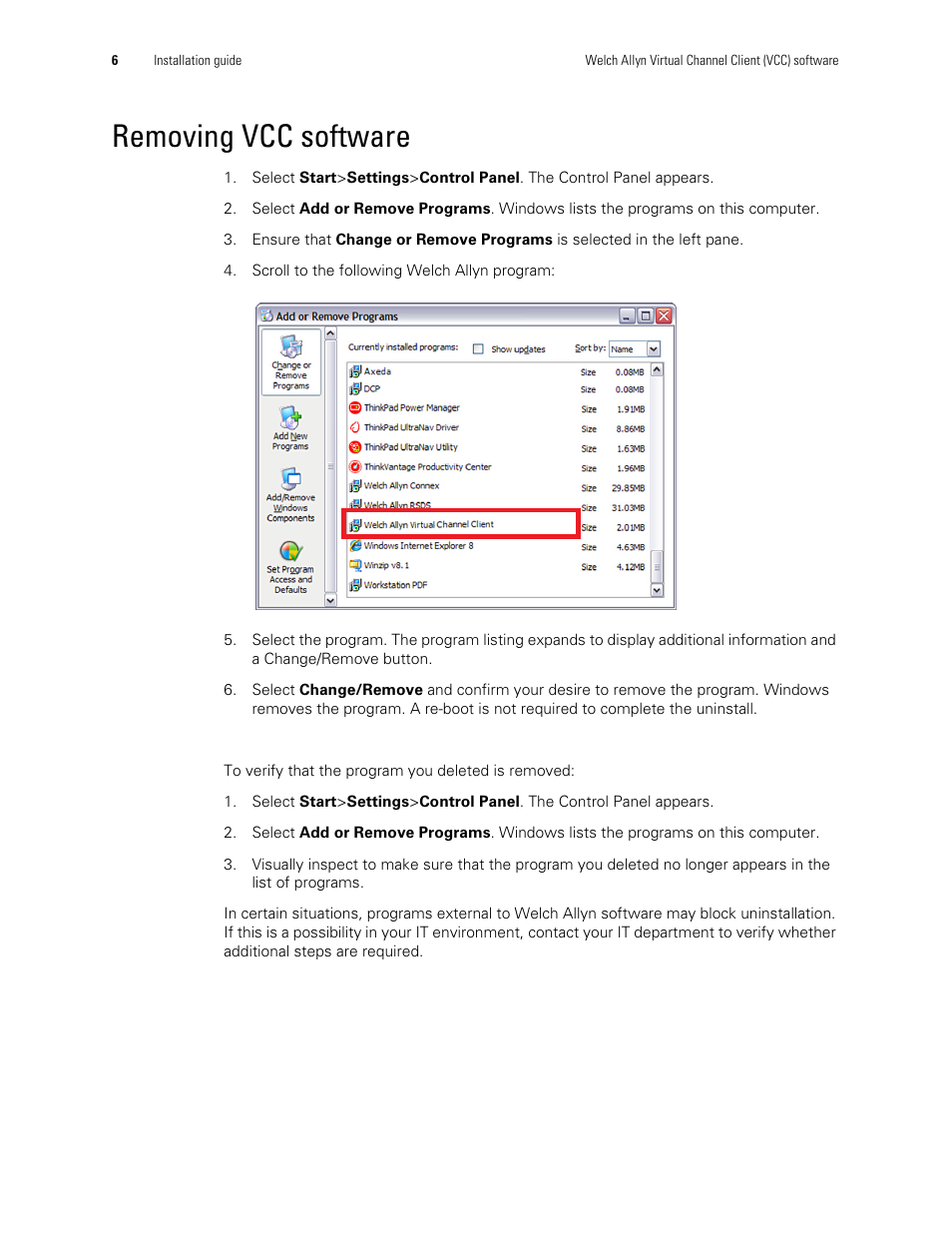 Removing vcc software | Welch Allyn Virtual Channel Client Software - Installation Guide User Manual | Page 8 / 8