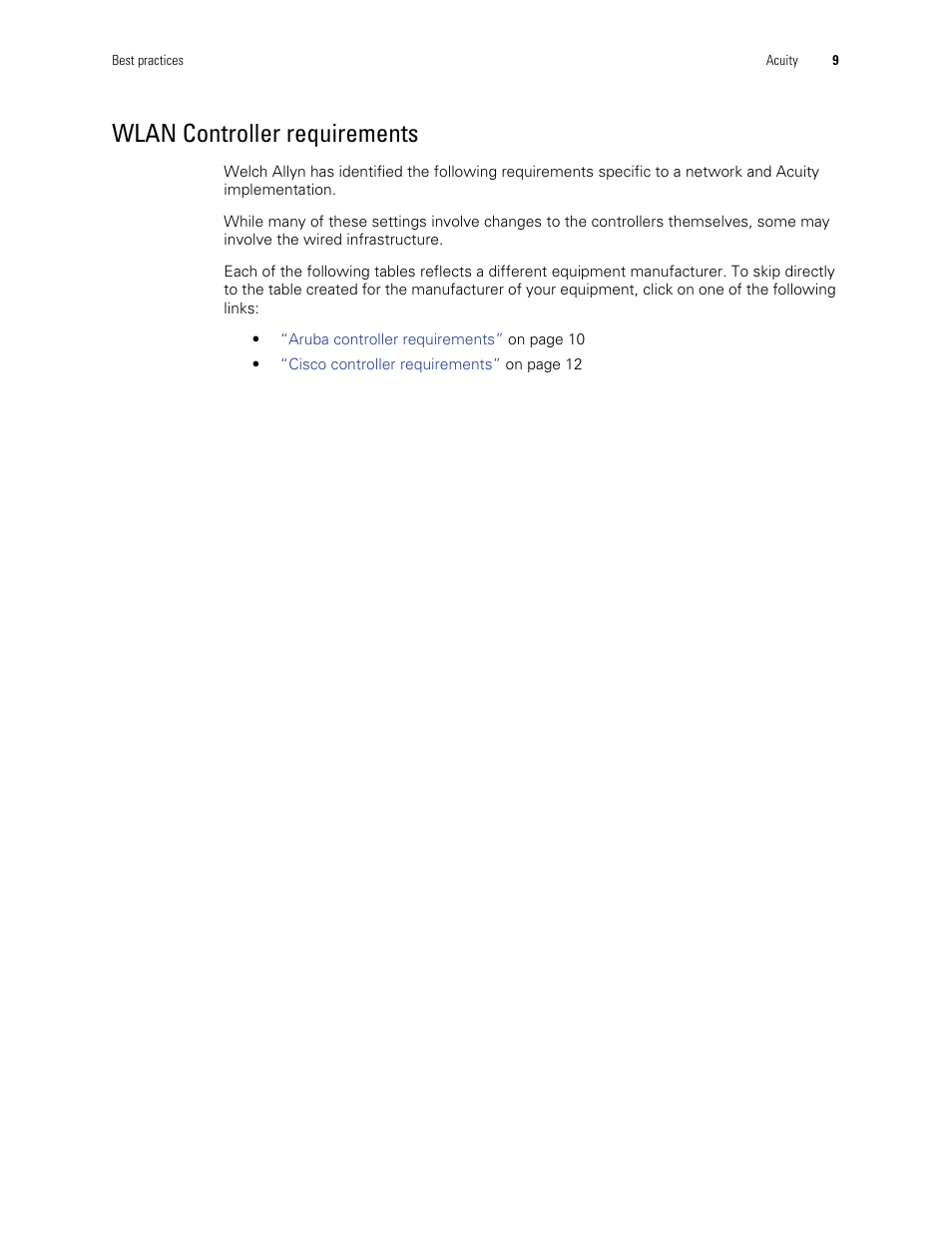 Wlan controller requirements | Welch Allyn Connex and Acuity Network Installation Best Practices , User Manual - Installation Guide User Manual | Page 13 / 18