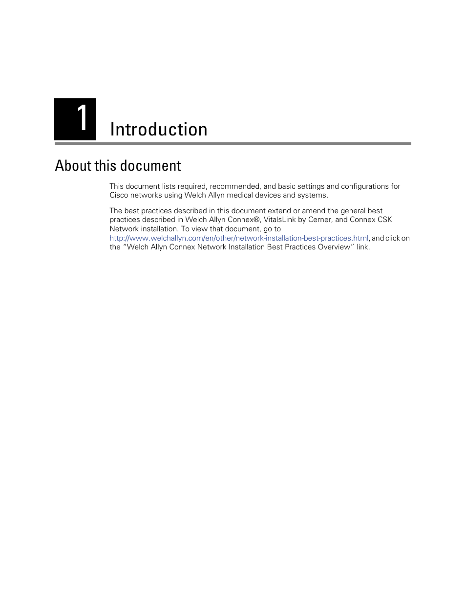 Introduction, About this document, 1 - introduction | Welch Allyn Connex and Cisco Installation Best Practices, Radio software version 3.00.01 and later - Installation Guide User Manual | Page 5 / 8