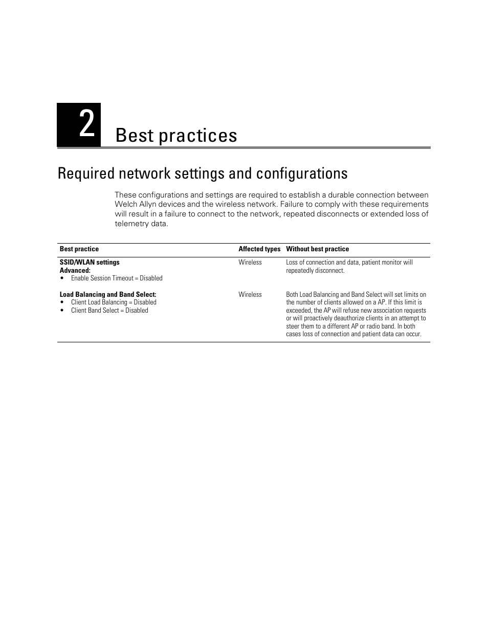 Best practices, Required network settings and configurations, 2 - best practices | Welch Allyn Connex and Cisco Installation Best Practices, Radio software version 3.00.01 and later - Installation Guide User Manual | Page 7 / 8