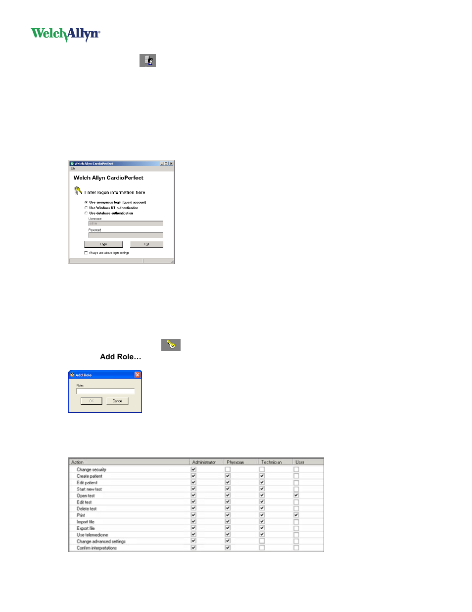 Hide the login window at startup, 2 add a custom role | Welch Allyn Cardioperfect Workstation, Software Version 1.6.5 - Installation Guide User Manual | Page 32 / 56
