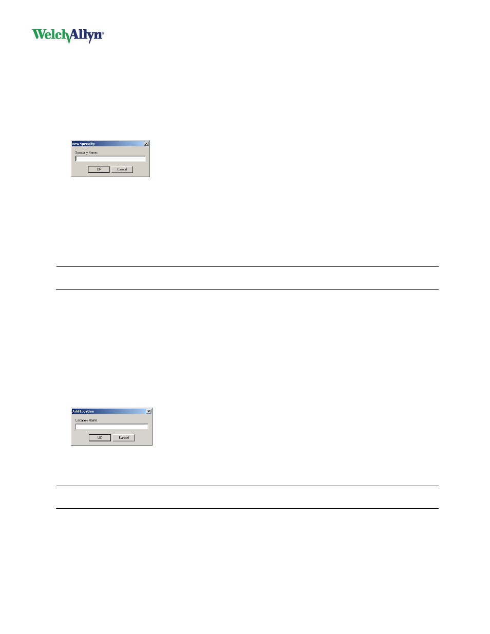 4 specialties, Configure the specialties list, Add a specialty | Edit a specialty, Delete a specialty, 5 locations, Configure the locations list, Add a location, Edit a location | Welch Allyn Cardioperfect Workstation, Software Version 1.6.5 - Installation Guide User Manual | Page 34 / 56