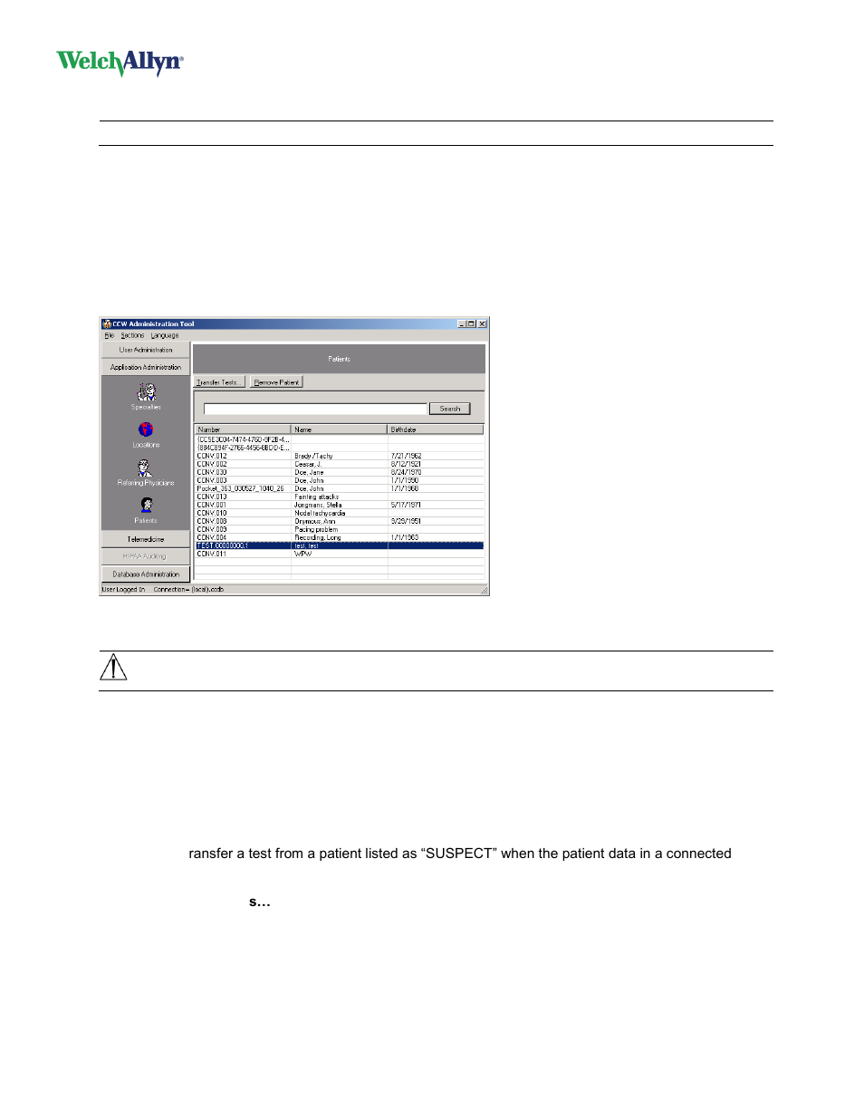 Delete a location, 6 patients, Access the patient list | Delete a patient, 7 tests, Transfer a test | Welch Allyn Cardioperfect Workstation, Software Version 1.6.5 - Installation Guide User Manual | Page 35 / 56