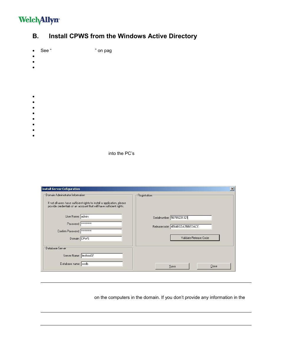 B. install cpws from the windows active directory, Installation steps, Initial preparation | Install cpws from the windows active directory | Welch Allyn Cardioperfect Workstation, Software Version 1.6.5 - Installation Guide User Manual | Page 45 / 56