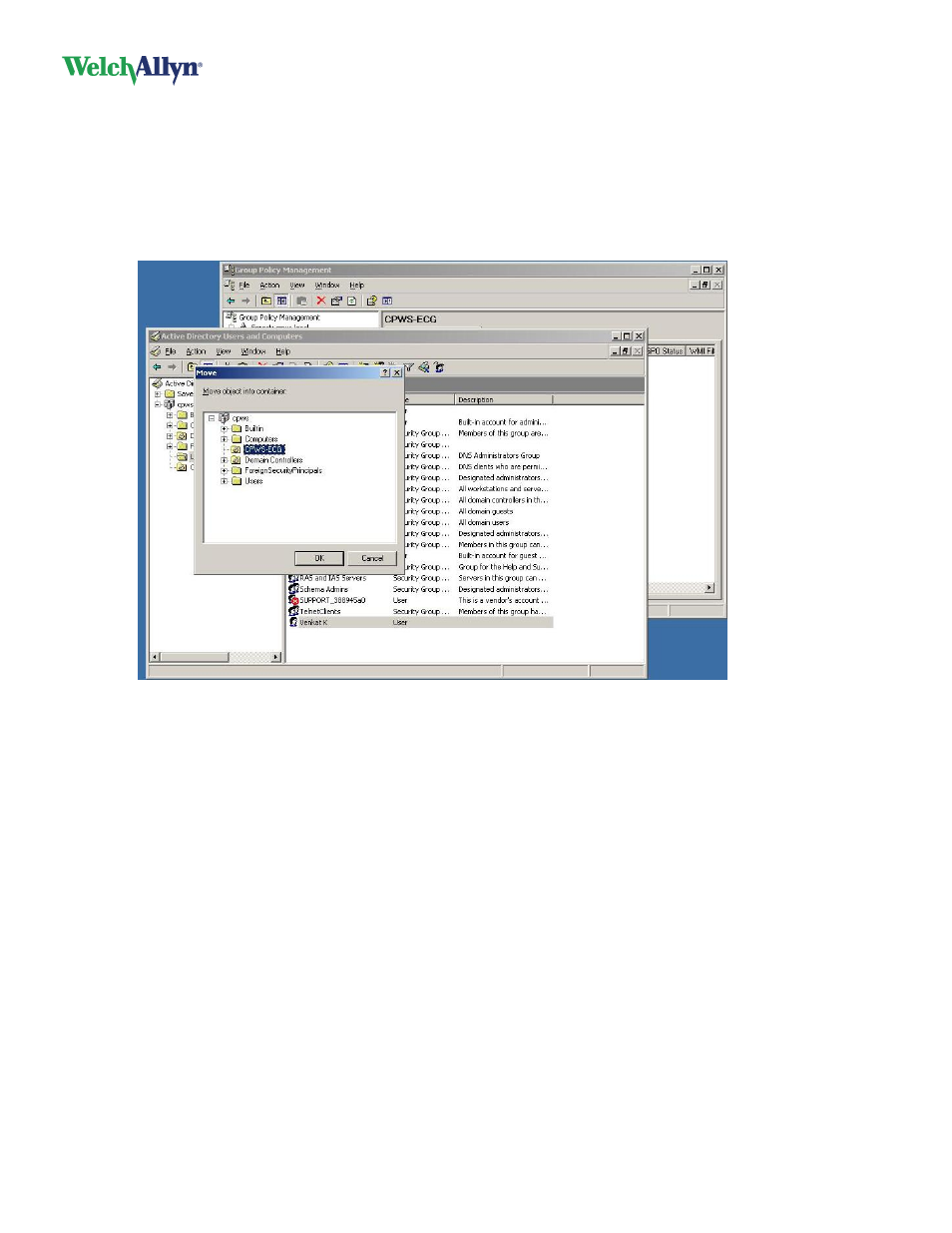 Move users to the organizational unit | Welch Allyn Cardioperfect Workstation, Software Version 1.6.5 - Installation Guide User Manual | Page 48 / 56