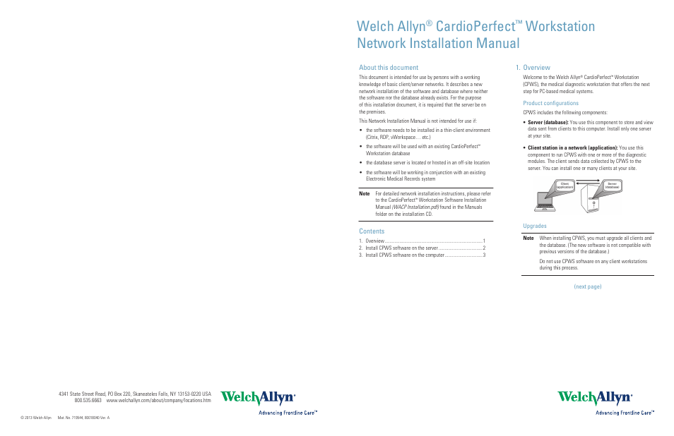 Welch Allyn CardioPerfect Workstation, Version 1.6.5 Network Install - Installation Guide User Manual | 2 pages