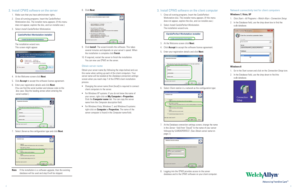 Install cpws software on the server, Install cpws software on the client computer | Welch Allyn CardioPerfect Workstation, Version 1.6.5 Network Install - Installation Guide User Manual | Page 2 / 2