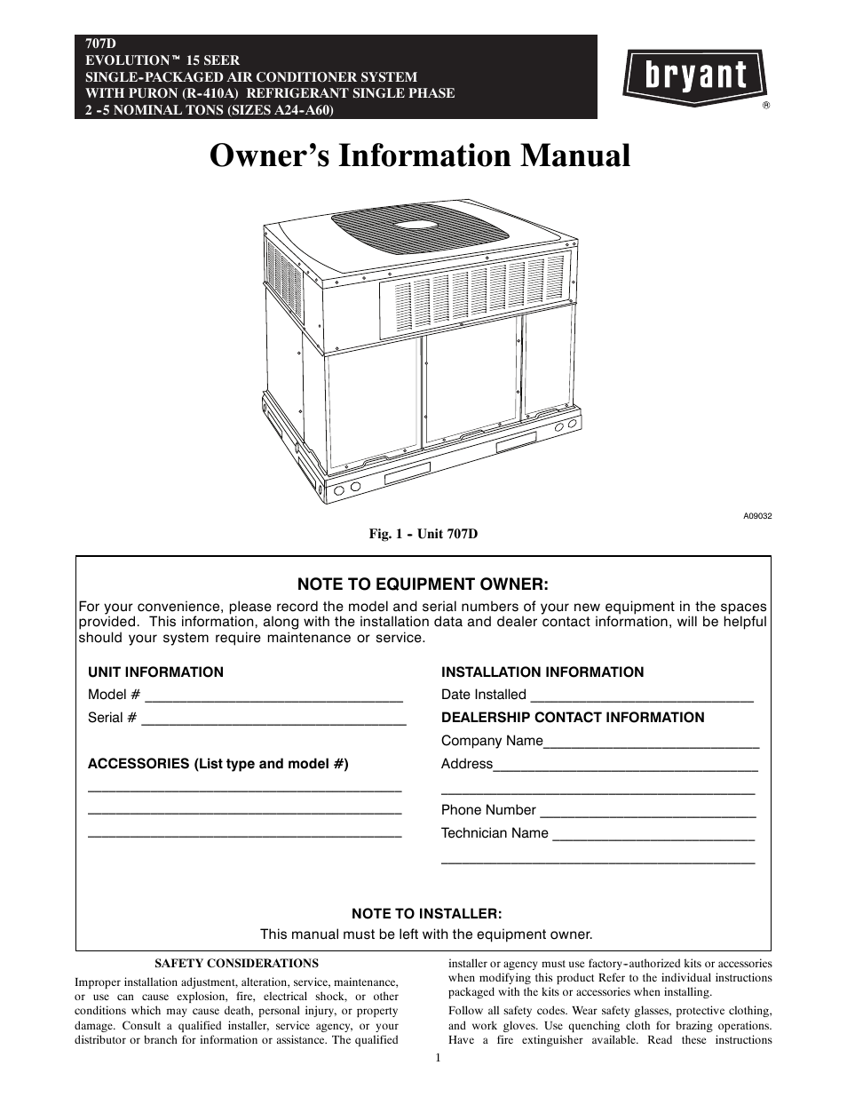 Bryant EVOLUTION 707D User Manual | 4 pages