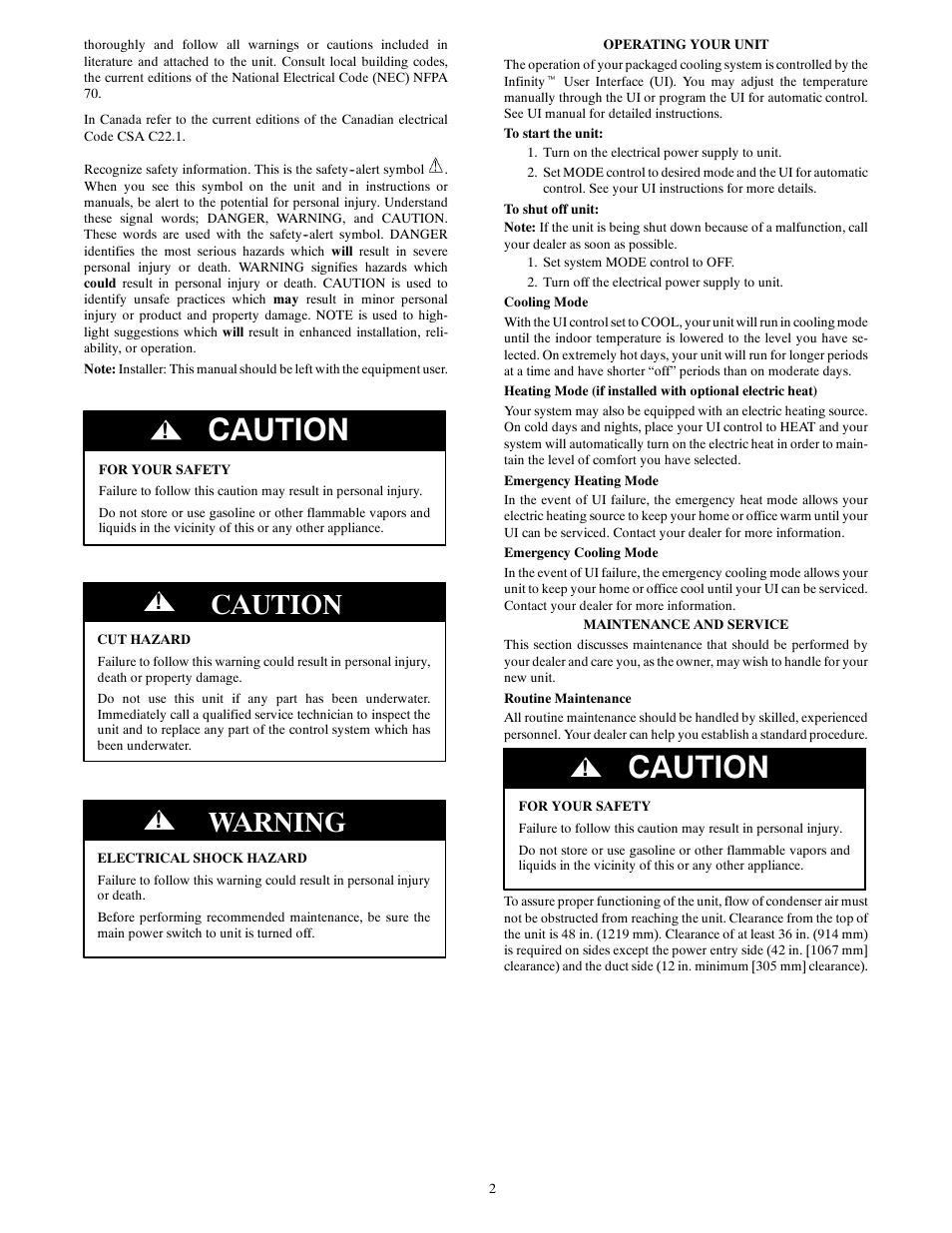 Caution, Warning | Bryant EVOLUTION 707D User Manual | Page 2 / 4