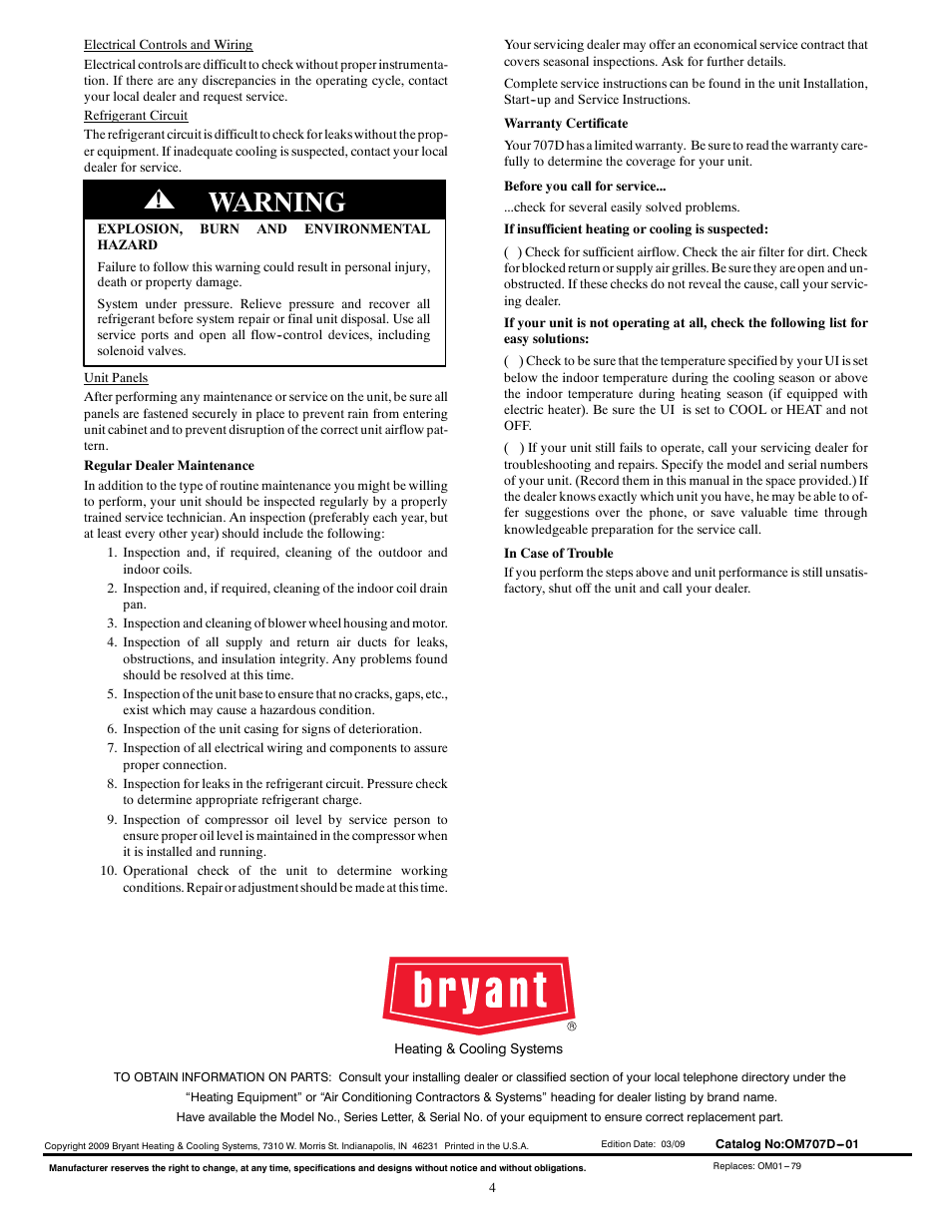 Warning | Bryant EVOLUTION 707D User Manual | Page 4 / 4