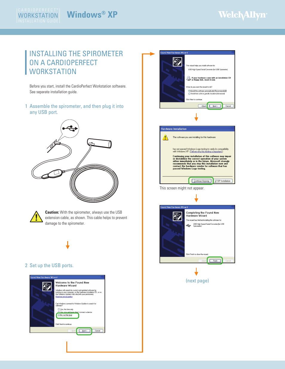 Welch Allyn Cardio Perfect Workstation Spirometer Install (Windows XP) Instructions - Installation Guide User Manual | 4 pages