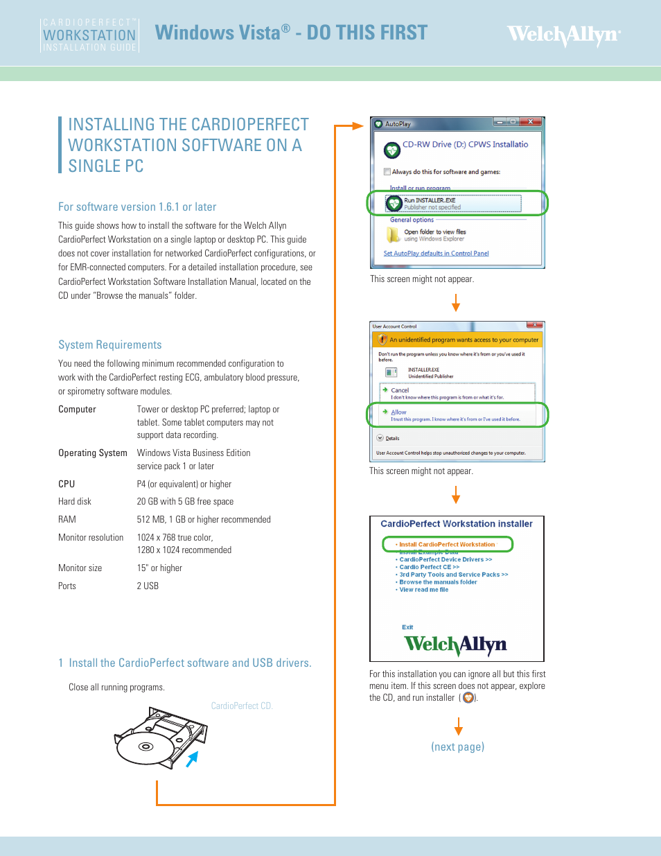 Welch Allyn Cardio Perfect Workstation Single CPu Install (Windows Vista) Instructions - Installation Guide User Manual | 4 pages