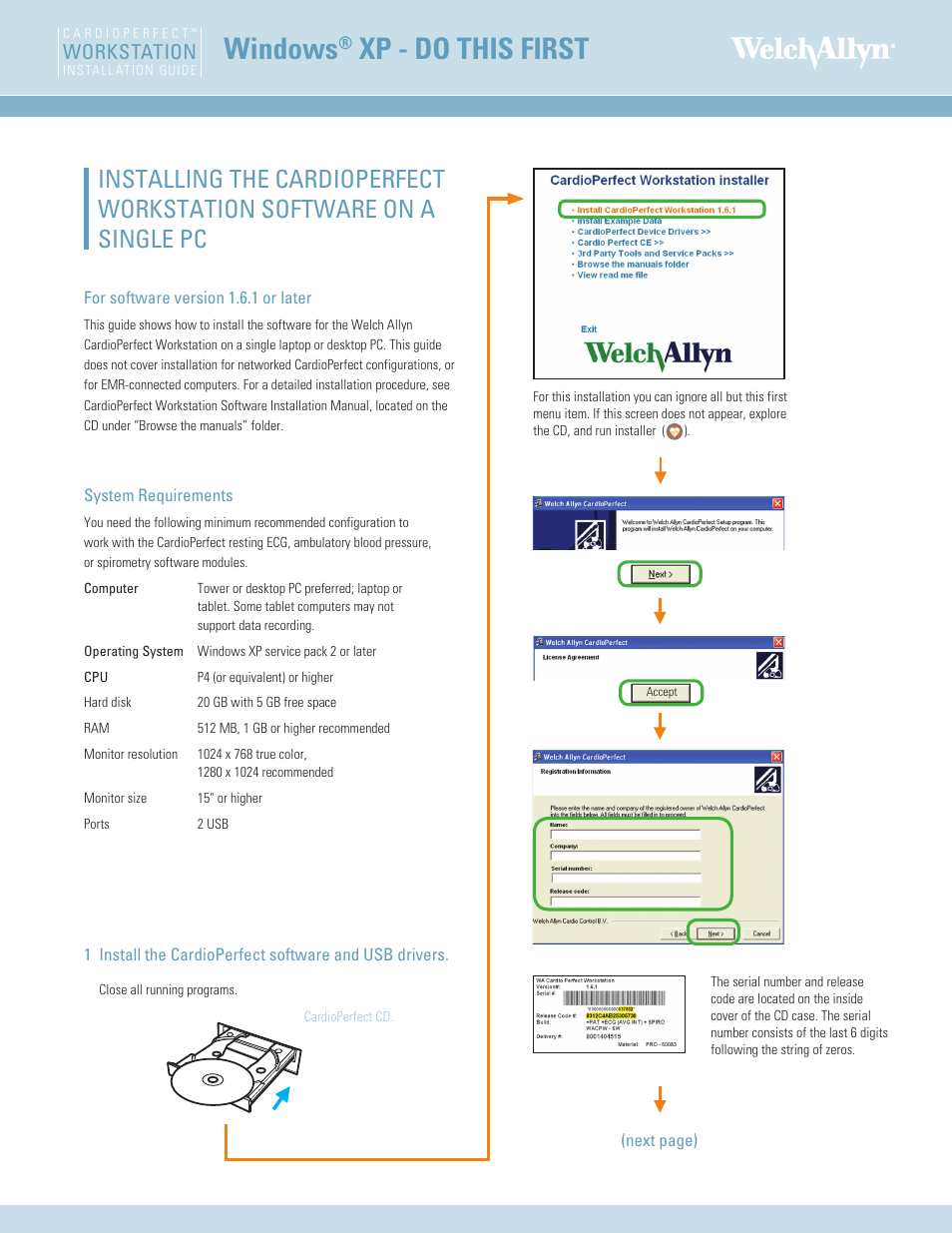 Welch Allyn Cardio Perfect Workstation Single CPu Install (Windows XP) Instructions - Installation Guide User Manual | 6 pages
