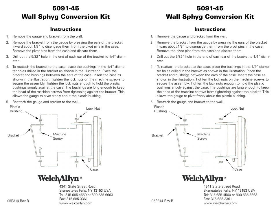 Welch Allyn 5091-45 Wall Sphyg Conversion Kit, Instructions - Installation Guide User Manual | 1 page