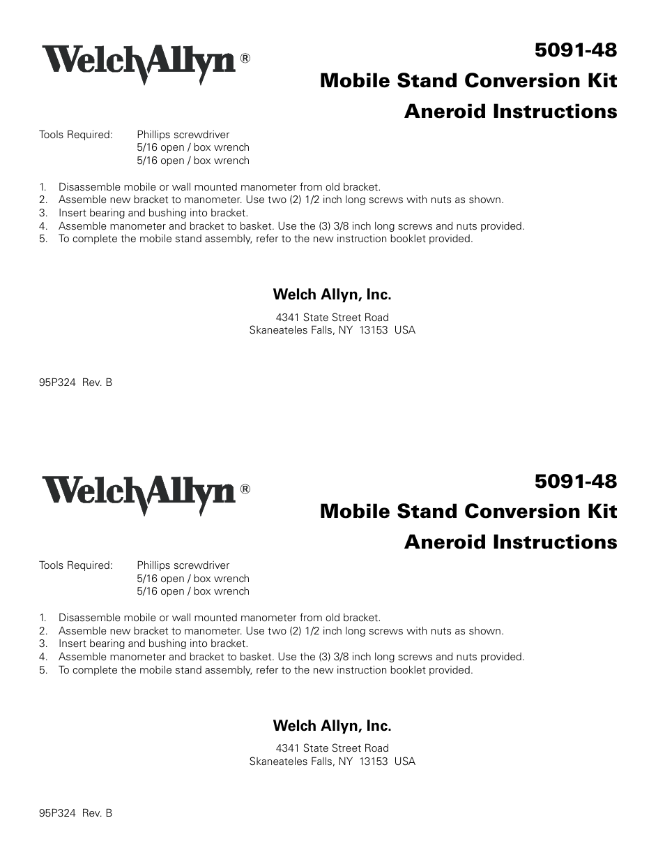 Welch Allyn 5091-48 Mobile Stand Conversion Kit, Aneroid Instructions - Installation Guide User Manual | 2 pages