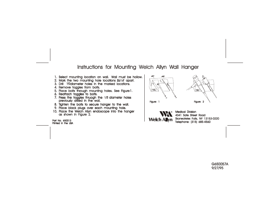 Welch Allyn Mounting Welch Allyn Wall Hanger - Installation Guide User Manual | 1 page
