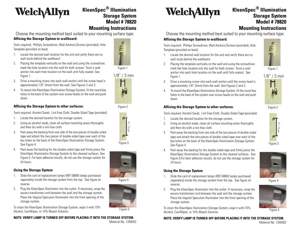 Welch Allyn LVag Illuminator Wall Hangar Direction For Use (DFU) - Installation Guide User Manual | 2 pages