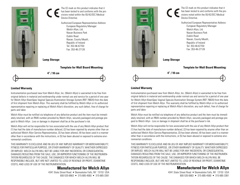 Limited warranty, Manufactured for welch allyn | Welch Allyn LVag Illuminator Wall Hangar Direction For Use (DFU) - Installation Guide User Manual | Page 2 / 2