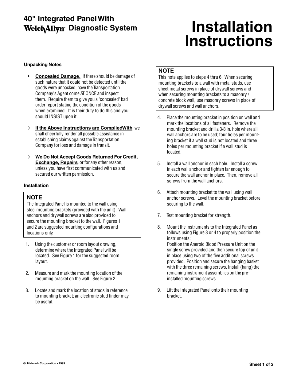 Welch Allyn 777 40 Wall Panel Instructions - Installation Guide User Manual | 2 pages